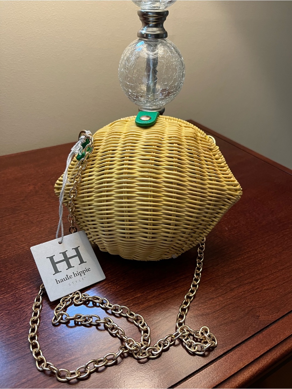 Haute Hippie Yellow Lemon Wicker Crossbody with Green Accent and Gold Chain BNWT - Picture 6 of 6